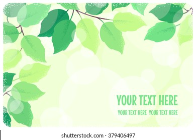 Horizontal template with fresh green spring leaves. Retro vector illustration. Bokeh background. Place for your text. Design for invitation, banner, card, poster, flyer