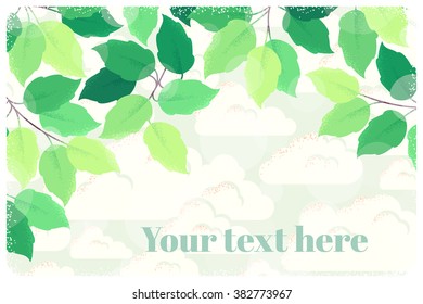 Horizontal template with fresh green spring leaves, sky and clouds. Retro vector illustration. Bokeh background. Place for your text. Design for invitation, banner, card, poster, flyer
