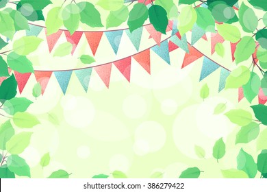 Horizontal Template With Fresh Green Spring Leaves And Multicolored Party Flags. Retro Vector Illustration. Bokeh Background. Place For Your Text. Design For Invitation, Banner, Card, Poster, Flyer