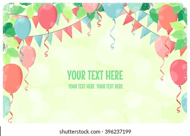 Horizontal template with fresh green spring leaves, multicolored party flags and balloons. Retro vector illustration. Place for your text. Invitation, banner, card, poster, flyer, gift certificate