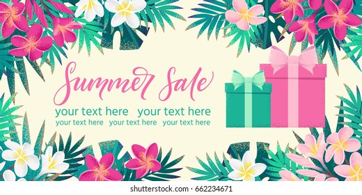 Horizontal template with gift boxes, palm leaves, pink and white frangipani (plumeria) flowers. Summer sale lettering. Place for your text. Invitation, banner, card, poster, gift certificate