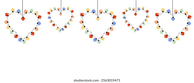 Horizontal template with heart shaped garland lights. Decorative design elements with colorful light bulbs for Valentine's day card, wedding invitation, web banner, poster.