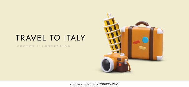 Horizontal template with invitation to visit Italy. 3D camera, suitcase with stickers, Leaning Tower of Pisa. Color advertising for tourists in Europe