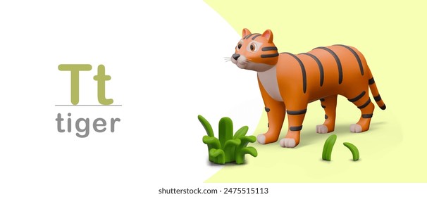 Horizontal template for learning letter T. English alphabet page with 3D tiger