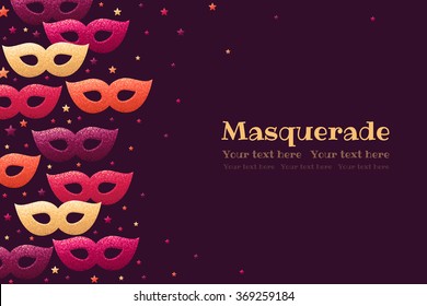 Horizontal template with masquerade masks and colorful stars. Retro vector illustration. Design for invitation, card, poster, banner, flyer. Place for your text