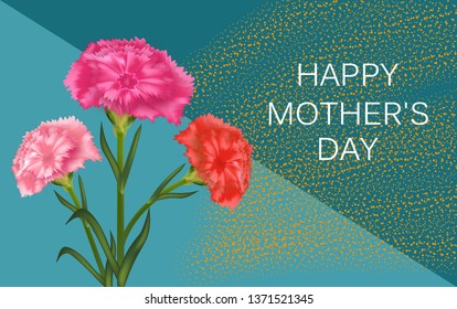 Horizontal template for Mother's Day with carnations on turquoise background. Vector illustration.