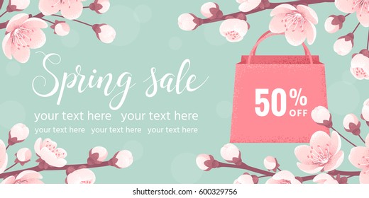 Horizontal template with pink shopping paper bag, cherry blossom, spring flowers. Spring sale lettering. Retro vector illustration. Place your text. Invitation, banner, card, poster, gift certificate