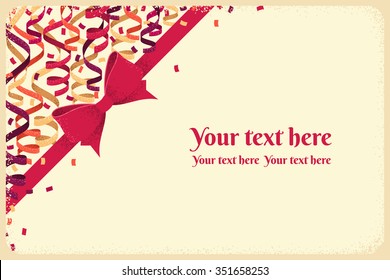 Horizontal template with red bow and ribbon, colorful paper streamers and confetti. Retro vector illustration. Background for gift certificate, invitation, banner, card