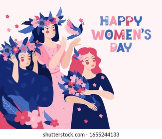 Horizontal template for a spring banner, card, poster. Beautiful women with a flower wreath and a bouquet. Happy women's day. Vector illustration with an inscription. Group of pretty girls in nature