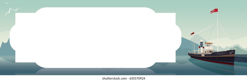 Horizontal template with text space for cruise tickets or flyers. Scenic area with old ship in style of retro steamer, at the pier in clear day. Realistic flat style. Vector illustration