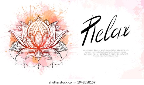 Horizontal template with tribal contour lotus, orange watercolor splashes and lettering relax. Religious spiritual postcard. Water lilies with native pattern. Banner with symbols for yoga centers.