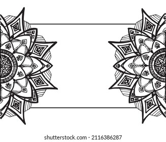 horizontal template with two halves of a mandala. vintage horizontal yoga invitation banner with empty space inside for text. Vintage sketch design template with sketch mandala frame on white 