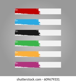 Horizontal template for web banner with a rough brush stroke. Size 728 x 90. Set of six color options. Red, blue, black, green, orange, purple. Flat design. Vector illustration.