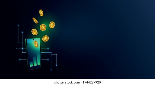 Horizontal template for a website or flyer with a dark background, a phone and a Golden shower of coins.It symbolizes earning money on the Internet through mobile apps or winning online games.