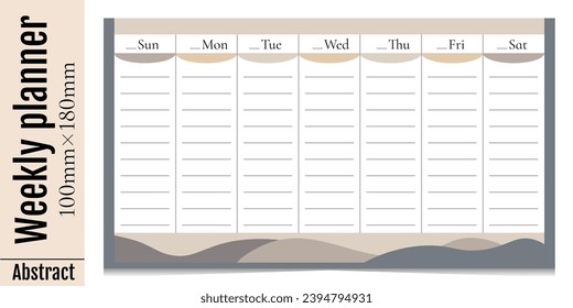 Horizontal template for weekly planner with days of the week, without dates. The week starts on Sunday. Abstract shapes with waves. Isolated on white background.