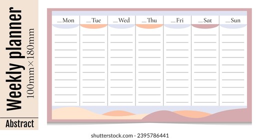 Horizontal template for weekly planner with days of the week, without dates. The week starts on Monday. Abstract shapes with waves. Isolated on white background.