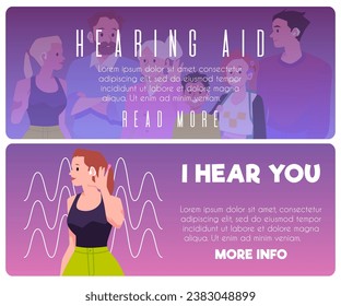 Horizontal templates about hearing problems. Banners and templates, characters with hearing aids, vector illustration. People, men and women, simple picture drawing in cartoon flat style.