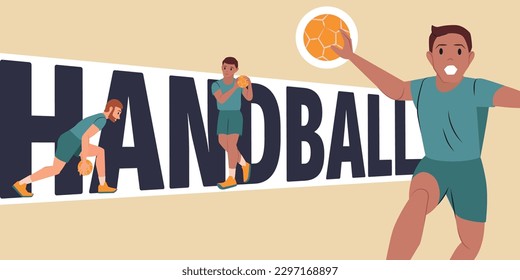 Horizontal text banner in flat style with handball players with balls during match vector illustration