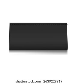 Horizontal textile label in black with top stitching. Blank fabric label vector. For care instructions and fabric information. Cotton ribbon. Isolated background. Realistic illustration.