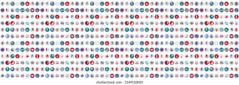 Horizontal texture from a seamless hockey pattern with multicolored hockey icons in a round frame. Vector illustration for sports banners, flyers, wallpapers, background, sales, discounts, promotions