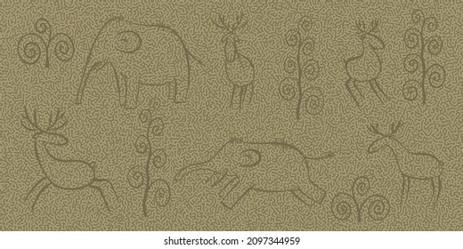 Fondo texturado horizontal con siluetas animales en el estilo doodle. Mamut, ciervos, plantas. Fondo verde vectorial con textura Turing. Para carteles, afiches, papeles pintados, etc.