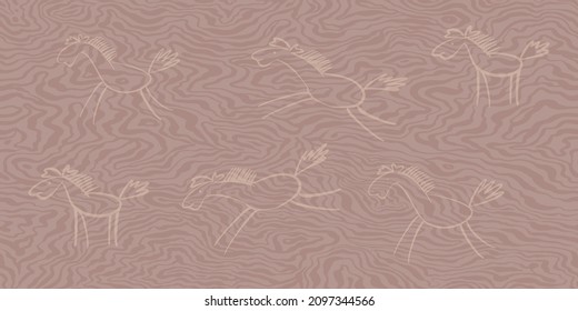 Horizontal textured background with silhouettes of horses in the style of doodles. Vector pink backdrop with a texture of streaks and lines. For banners, posters, wallpapers, etc.