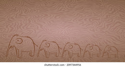 Horizontal textured background with silhouettes of mammoths in the style of doodles. Vector brown backdrop with gradients and with a texture of streaks and lines. For banners, posters, wallpapers,etc.