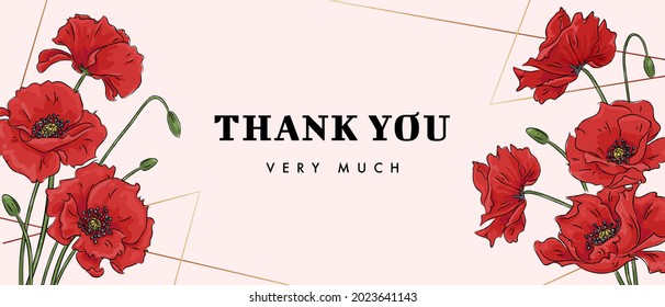 Horizontal thank you card with red poppies and abstract golden lines. Floral background. Vector illustration