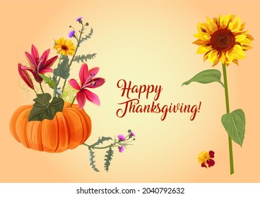 Horizontal Thanksgiving card. Pumpkin and autumn flowers: lily, sunflower, aster, thistle, gerbera, daisy, twigs on light background. Digital illustration in watercolor style for fall holidays, vector