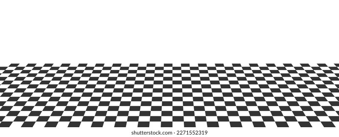 Horizontal tile floor checkered texture. Plane with squared pattern. Chessboard surface in perspective. Geometric retro design with black and white squares. Vector flat illustration