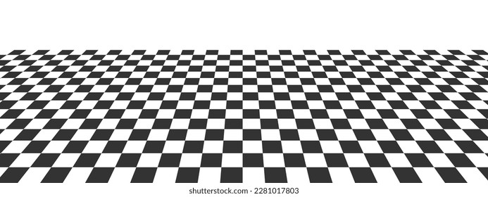 Horizontal tile floor with checkered texture. Plane with black and white squares pattern. Chess board surface in perspective. Geometric chequered retro design. Vector flat illustration svg