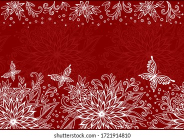 Horizontale Muster aus Tile, symbolische weiße Blumen, Blätter und Schmetterlingskonturen auf rotem, nahtlosem Hintergrund. Vektorgrafik