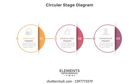 Horizontal timeline with 3 circular paper white elements connected into chain. Concept of three steps to leadership and business success. Modern infographic design template. Vector illustration.