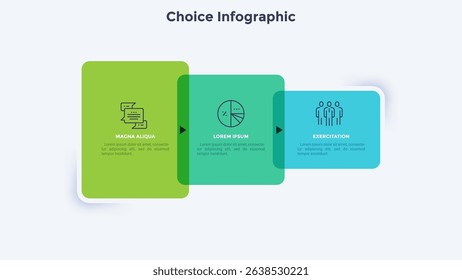 Horizontal timeline with 3 intersected translucent rectangular elements. Concept of three successive stages of business process. Modern infographic design template. Flat vector illustration for report