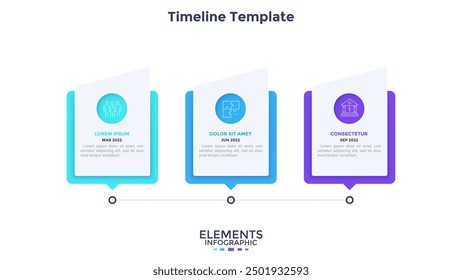 Línea de tiempo Horizontal con 3 Elementos rectangulares. Concepto de tres pasos estratégicos de desarrollo de proyectos empresariales. Plantilla de diseño infográfico simple. Moderna Ilustración vectorial plana para barra de progreso.