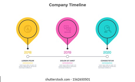 Horizontal timeline with 3 round elements. Concept of three milestones of company development history. Simple infographic design template. Modern vector illustration for presentation, progress bar.