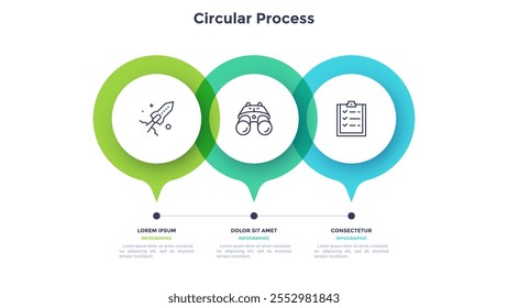 Línea de tiempo Horizontal con 3 Elementos de puntero redondo. Concepto de tres hitos de la historia de desarrollo de la empresa. Plantilla Abstractas de diseño de infografía. Ilustración vectorial moderna para la presentación.