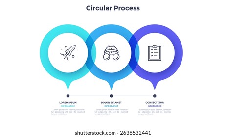 Horizontal timeline with 3 round pointer-like elements. Concept of three milestones of company's development history. Abstract infographic design template. Modern vector illustration for presentation.