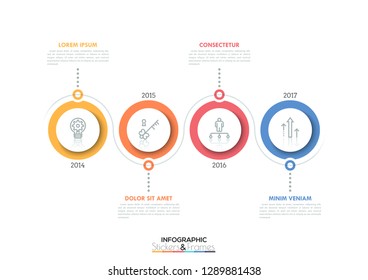 Horizontal timeline with 4 circular elements, thin line icons inside them, year indication and text boxes. Minimal infographic design template. Vector illustration for brochure, banner, annual report.