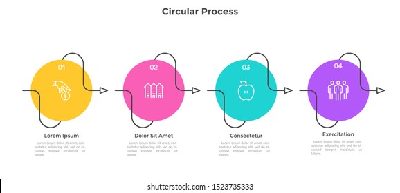 Horizontal timeline with 4 circular elements connected by curved arrows. Concept of four successive steps of business progress and development. Infographic design template. Flat vector illustration.