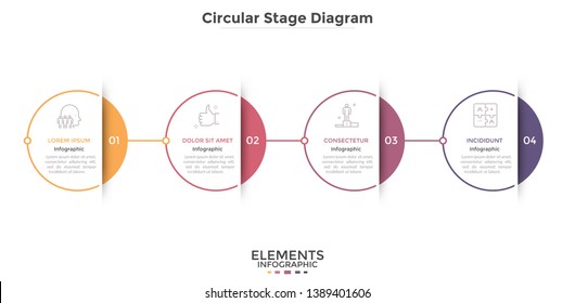 Horizontal timeline with 4 circular paper white elements connected into chain. Concept of four steps to leadership and business success. Modern infographic design template. Vector illustration.