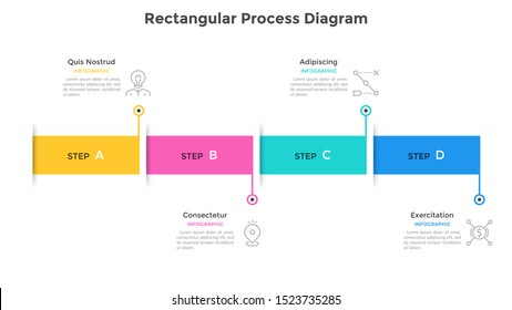 Horizontal Timeline With 4 Colorful Rectangular Elements. Concept Of Four Milestones Of Company Development. Flat Infographic Design Template. Vector Illustration For Business Data Visualization.