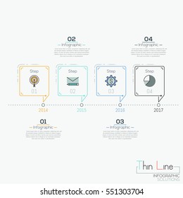 Linha do tempo horizontal com 4 elementos em forma de bolhas de fala e caixas de texto. Modelo de design infográfico criativo. História do conceito de desenvolvimento da empresa. Ilustração vetorial em estilo de linha fina.