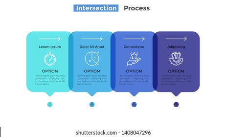 Horizontal timeline with 4 intersected translucent rectangular elements. Concept of four successive stages of business process. Modern infographic design template. Flat vector illustration for report.