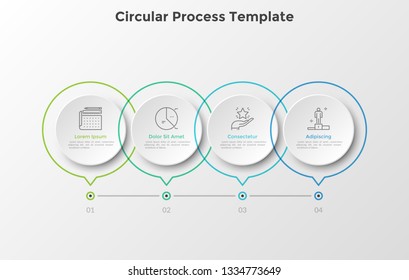 Horizontal timeline with 4 round paper white elements connected by line. Four milestones of business development process. Realistic infographic design template. Vector illustration for progress bar.