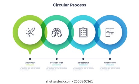 Horizontal timeline with 4 round pointer-like elements. Concept of four milestones of company's development history. Abstract infographic design template. Modern vector illustration for presentation.