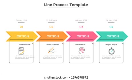 Horizontal Timeline With 4 Square Elements, Arrows And Dates. Four Successive Steps Of Business Project Development. Modern Infographic Design Template. Flat Vector Illustration For Progress Bar.