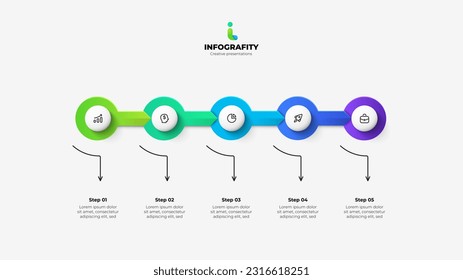 Horizontal timeline with 5 circles and arrows. Abstract infographic template
