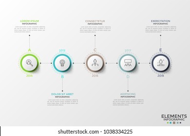 Horizontal timeline with 5 circles with linear icons inside connected by line, year indication and place for text. Annual development visualization. Infographic design template. Vector illustration.