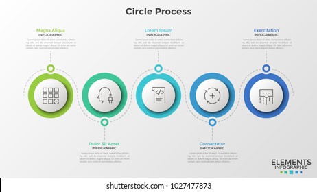 Horizontal timeline with 5 circular elements, thin line icons inside them, year indication and text boxes. Minimal infographic design template. Vector illustration for brochure, banner, annual report.